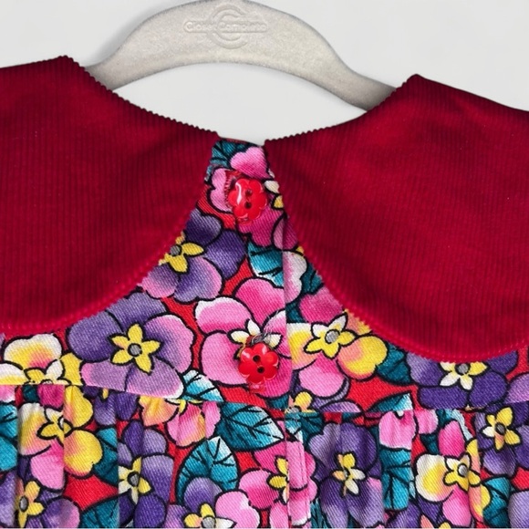 RARE Vintage Petals San Francisco Corduroy Floral Dress with Red Collar - Size 6 - Picture 2 of 7
